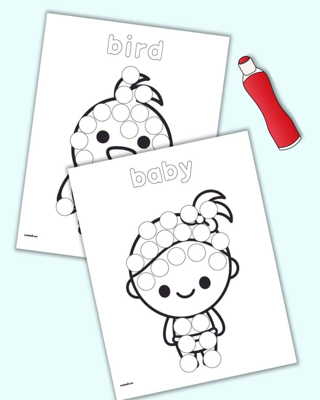 A preview of two dot marker coloring pages. One has a baby and the other has a bird.
