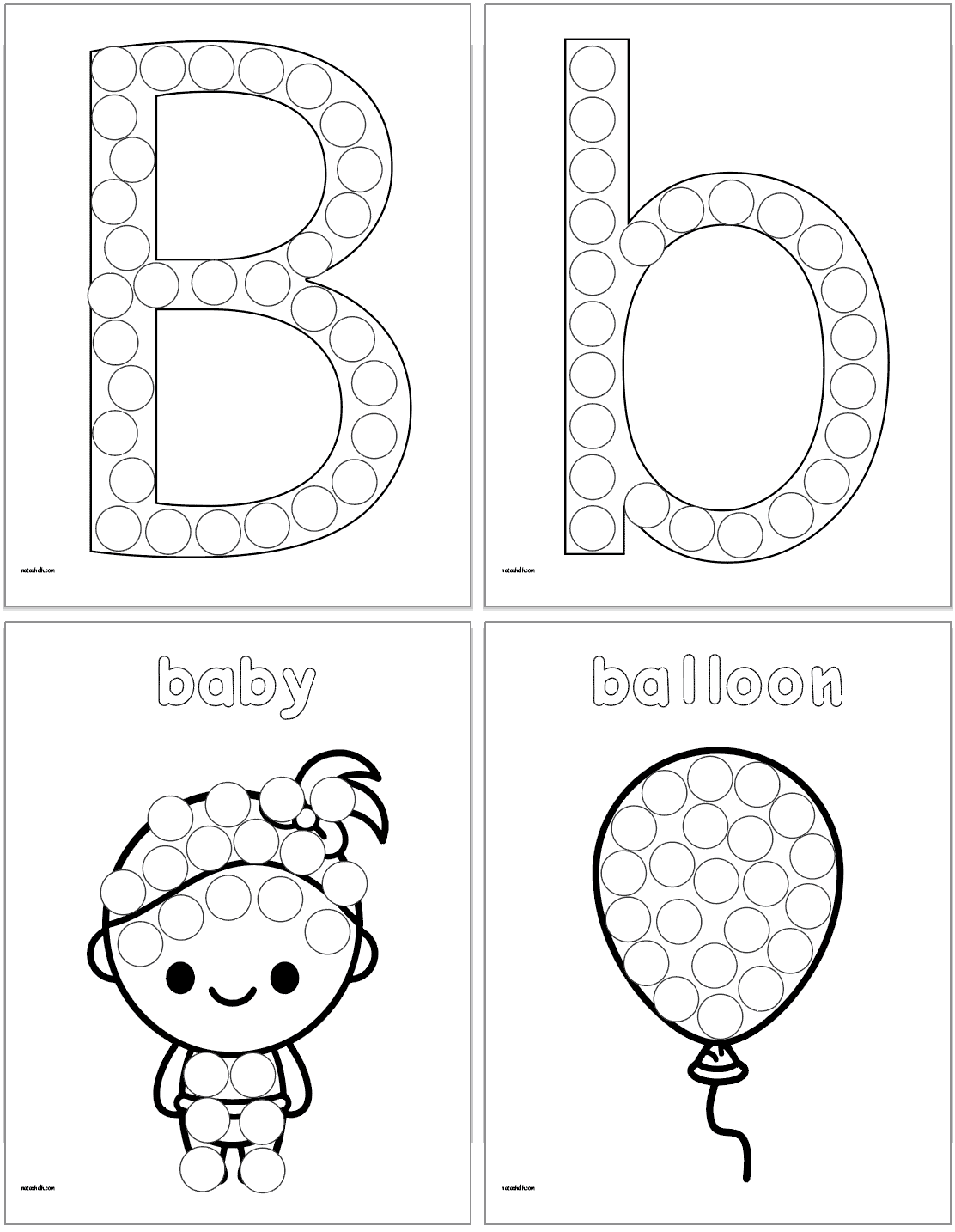 A preview of four letter b themed dot marker pages. They show: uppercase B, lowercase b, a baby, and a balloon