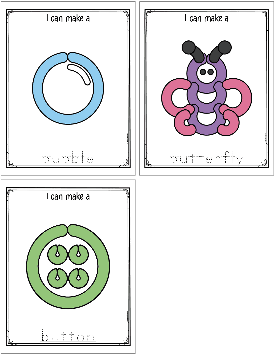 A preview of three play dough activity mats with images starting with the letter B. Mats include: a bubble, a butterfly, and a button