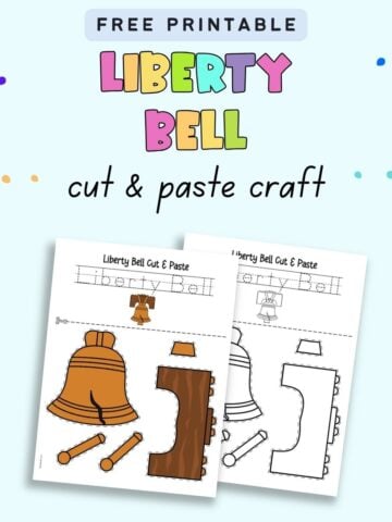 Text "free printable Liberty Bell cut and paste craft" with a preview of two pages of cut and paste craft. One is color and the other black and white.