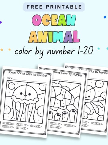 Text "free printable ocean animal color by number 1-20" with a preview of three color by number pages