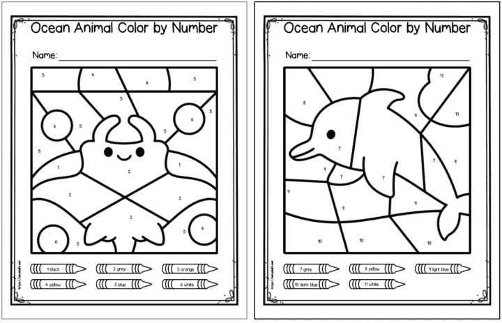 Free Printable Ocean Animal Color by Number Worksheets 1-20 - The ...