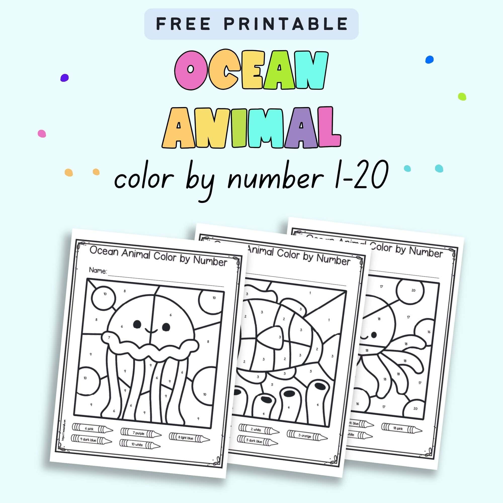 Text "free printable ocean animal color by number 1-20" with a preview of three color by number pages