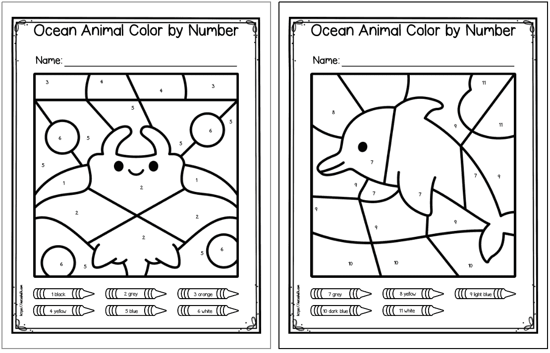 Two color by number pages. one shows a manta ray and the other a dolphin 