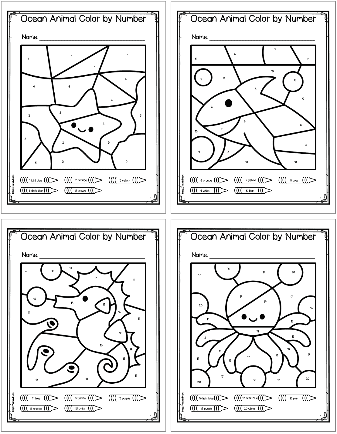 Four color by number pages. They show: a starfish, a shark, a seahorse, and an octopus