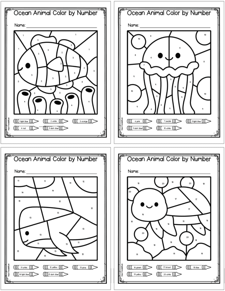 Free Printable Ocean Animal Color by Number Worksheets 1-20 - The ...