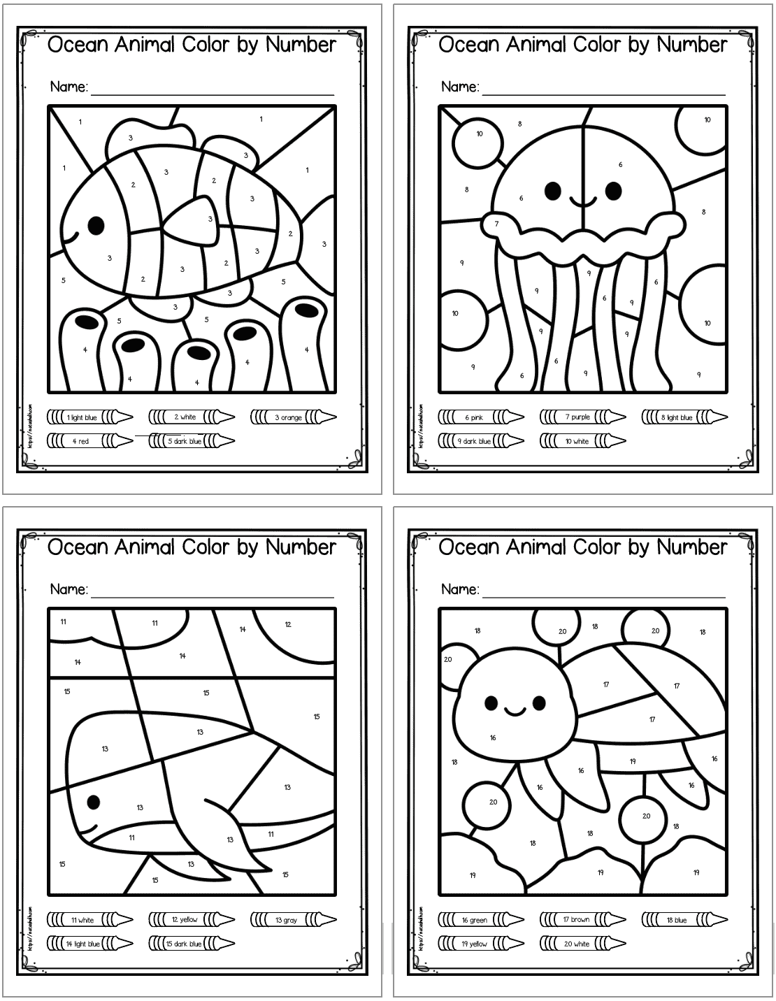 Four color by number pages. They show: a clownfish, a jellyfish, a shark, and a turtle