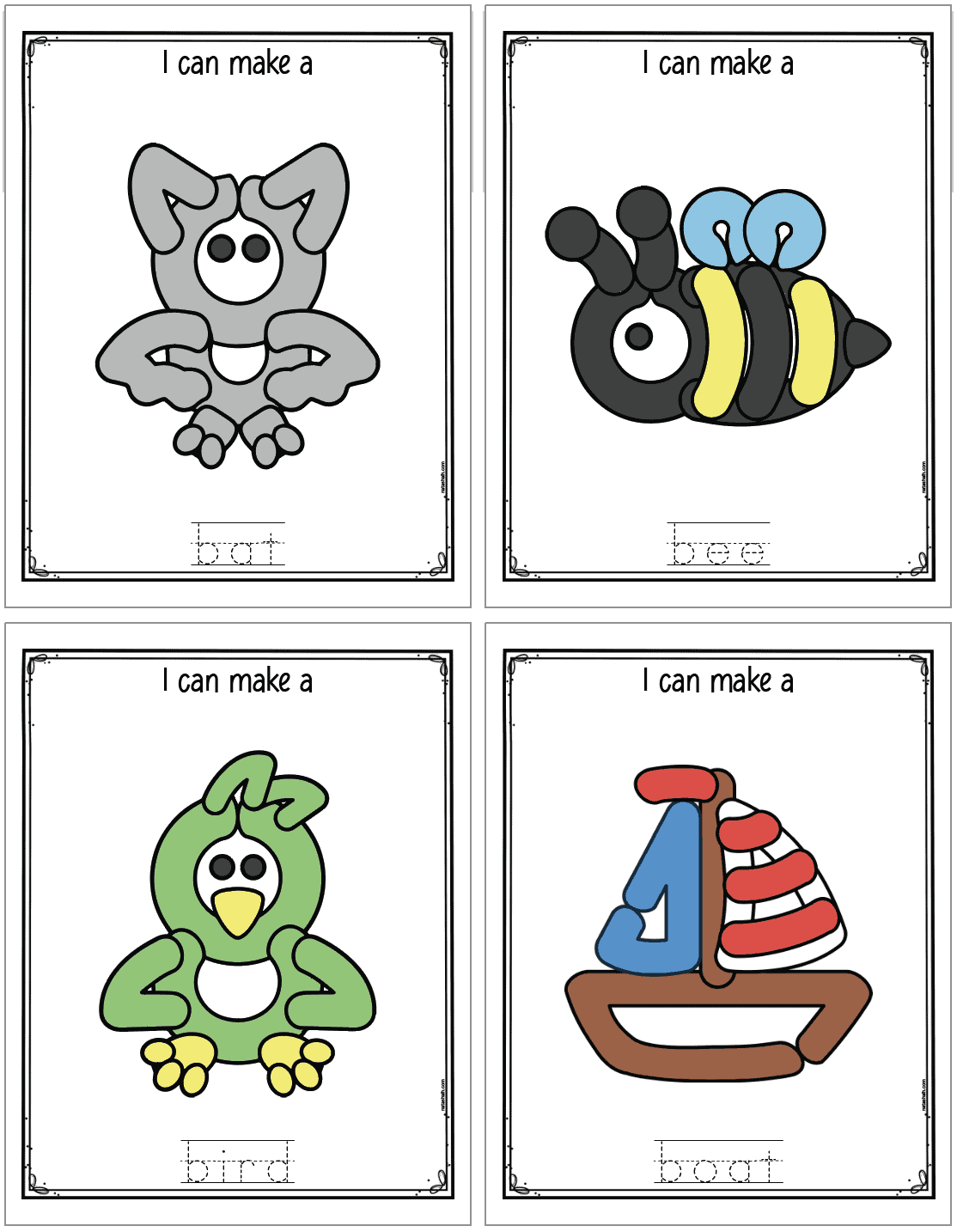 A preview of four play dough activity mats with images starting with the letter B. Mats include: a bat, a bee, a bird, and a boat
