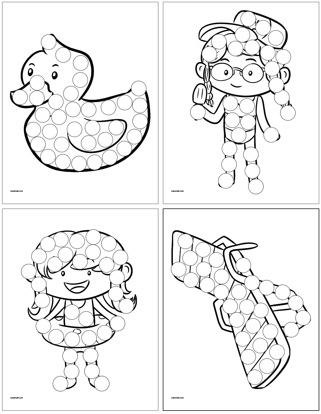 A preview of four pool party themed dot painting printables including a rubbery ducky, a girl with a popsicle, a girl with a float, and a pool chair