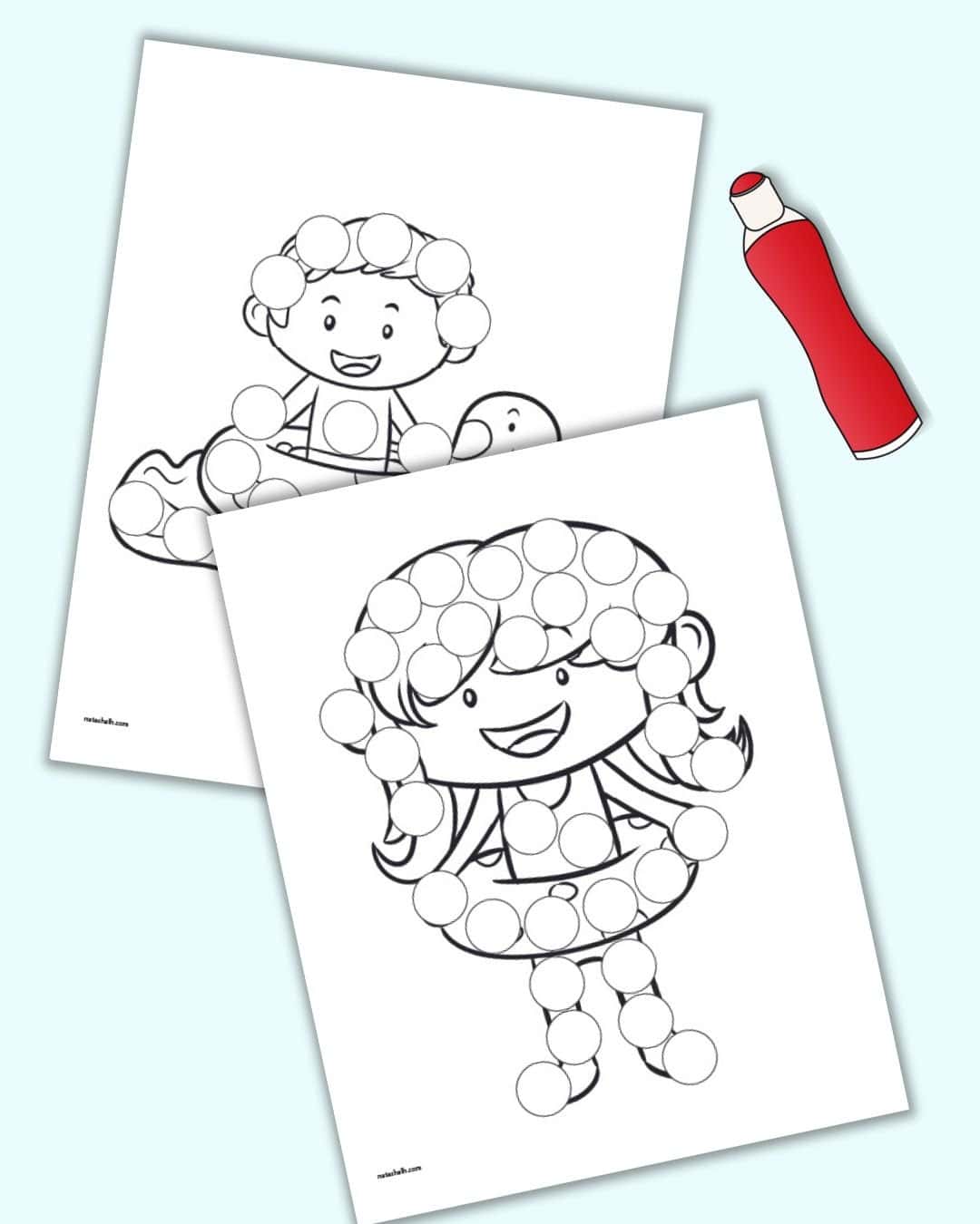 A preview of two dot marker coloring pages with a pool party theme