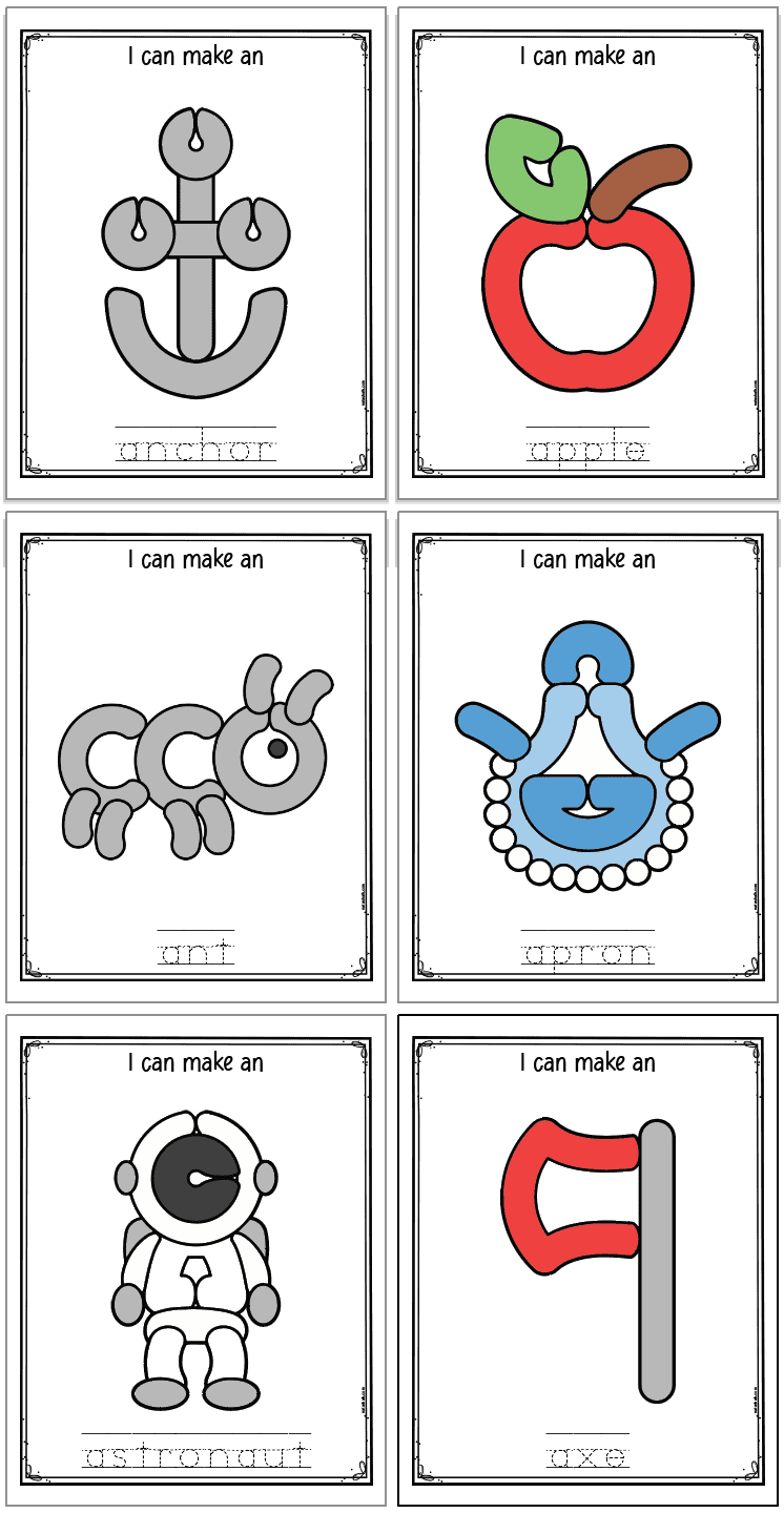 Six letter A alphabet play mats. Images include: anchor, apple, ant, apron, astronaut, and axe