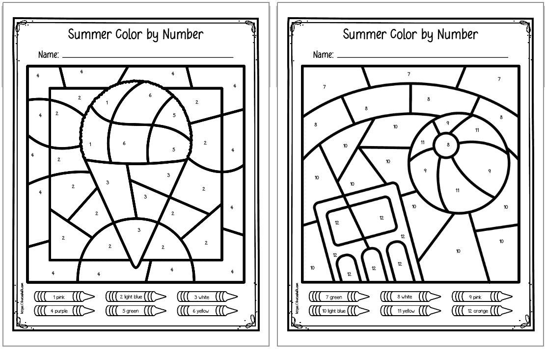 Two summer color by number pages for kindergarteners. Pages show a snow cone and a pool scene.