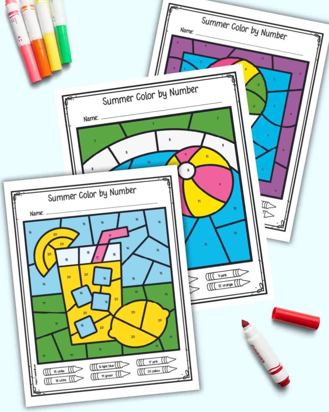 A preview of three colored summer themed color by number pages. One shows lemonade, another a pool, and the last a snow cone.