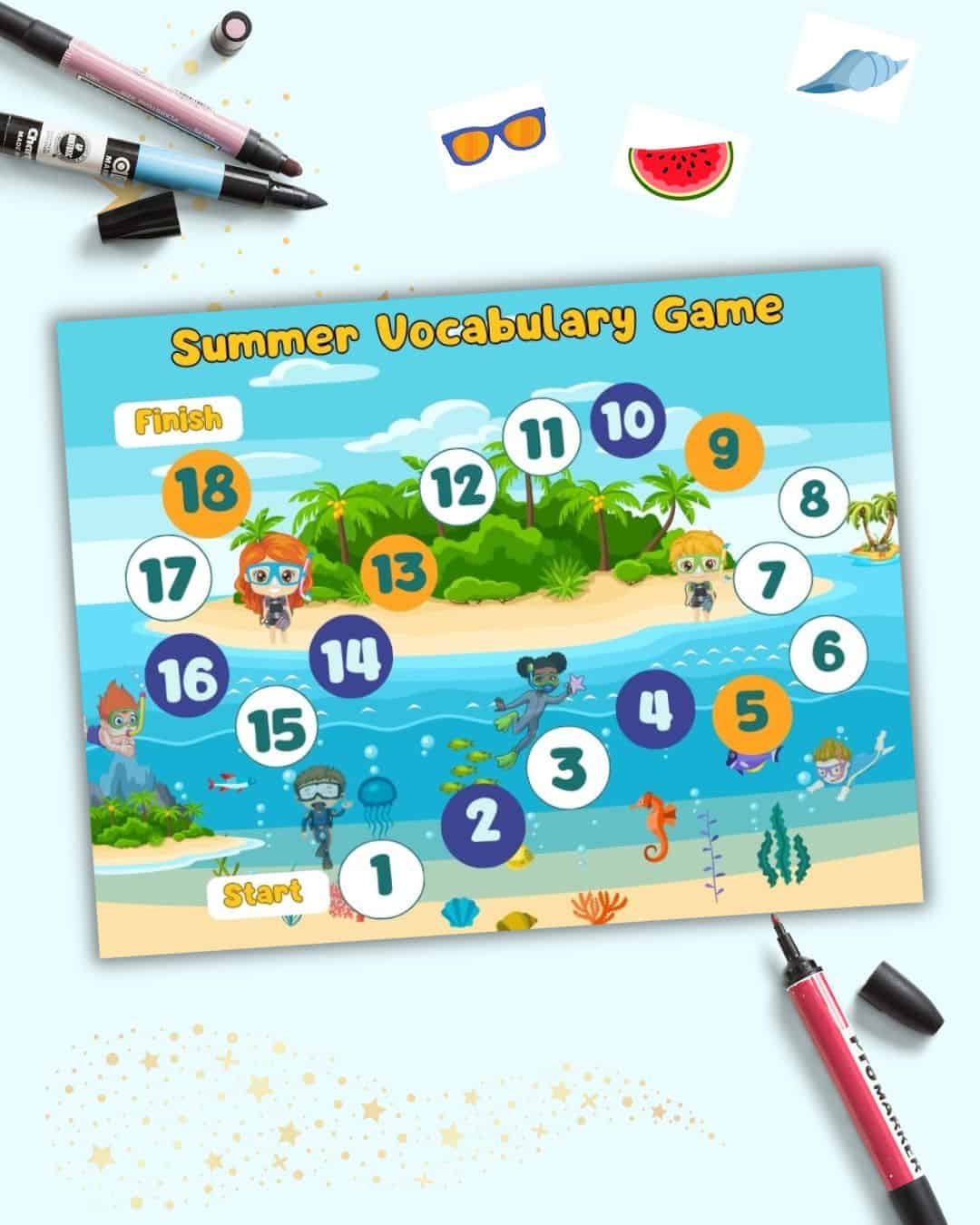A preview of a printable board game board with three cards showing: sunglasses, watermelon, and a shell