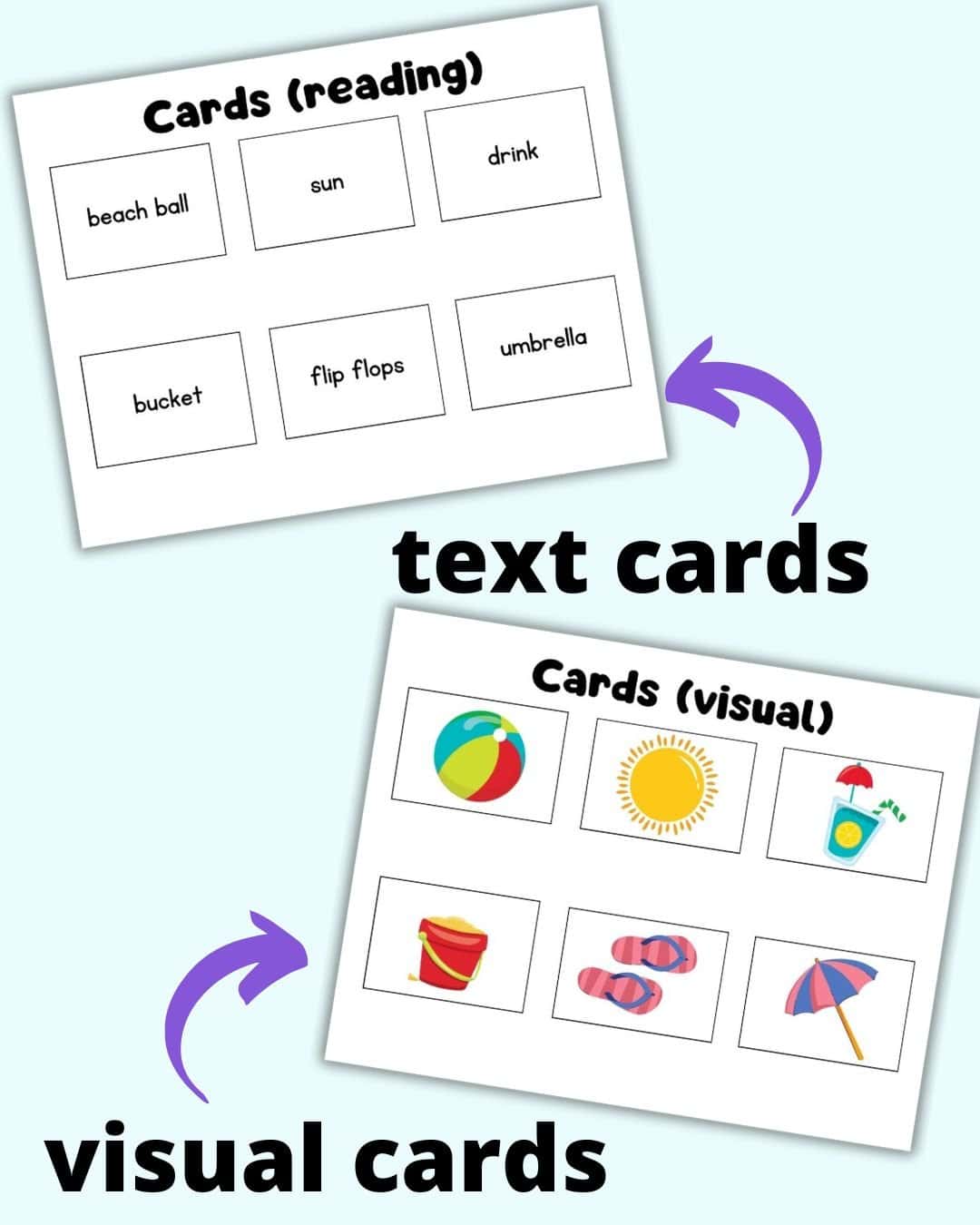 A preview of two pages of crds to cut out for a printable board game for kids. One has six summer related vocabulary words and the other has six images.
