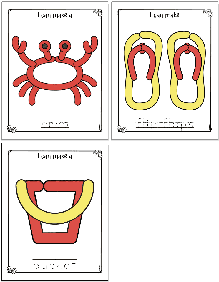 A preview of three summer themed play dough mats with an image to make in play dough and corresponding vocabulary words to trace. Images include: crab, flip flops, bucket