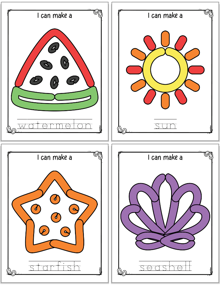 A preview of four summer themed play dough mats with an image to make in play dough and corresponding vocabulary words to trace. Images include: watermelon, sun, starfish, and seashell