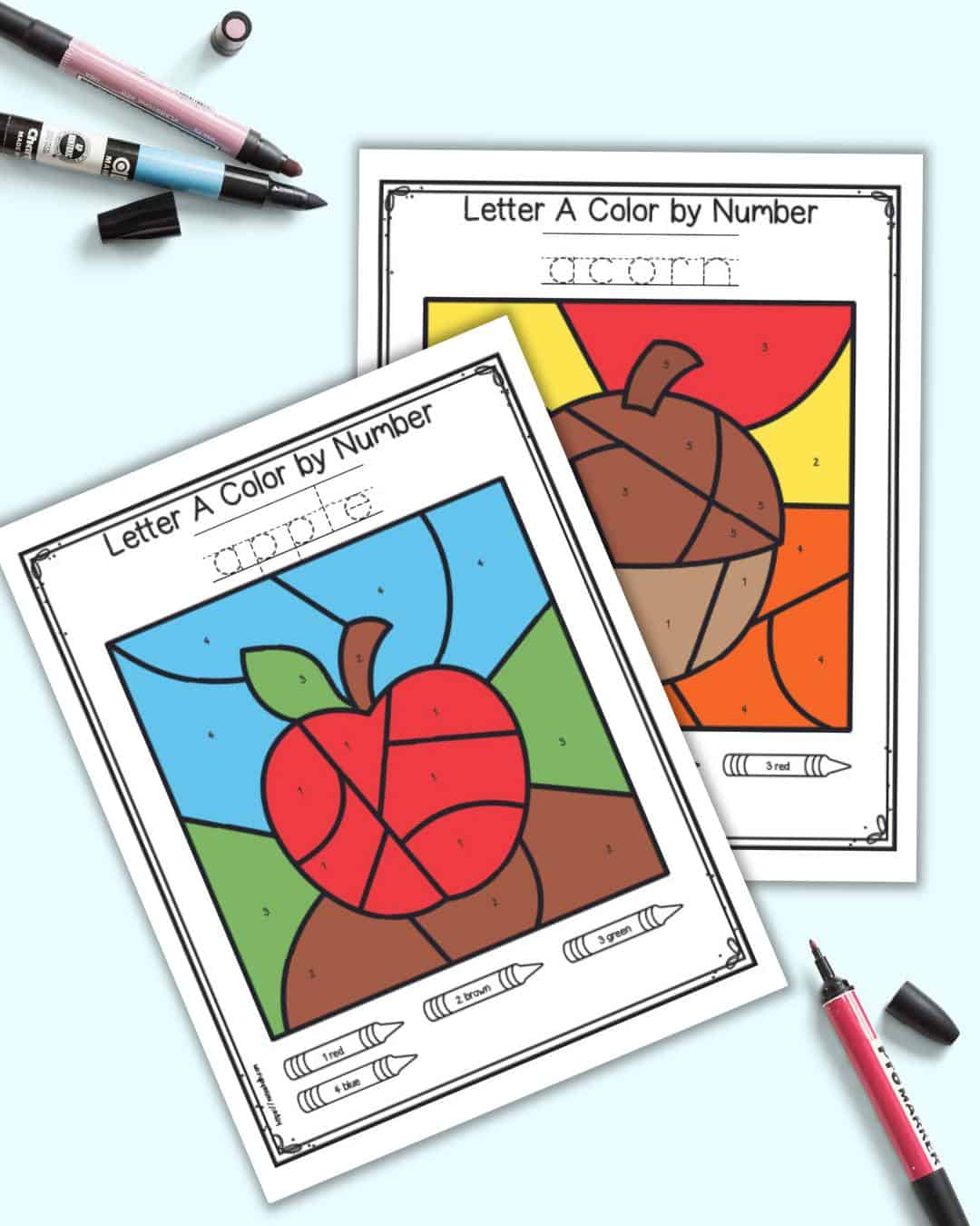 A preview of two completed color by number page. One shows an apple and the other an acorn.