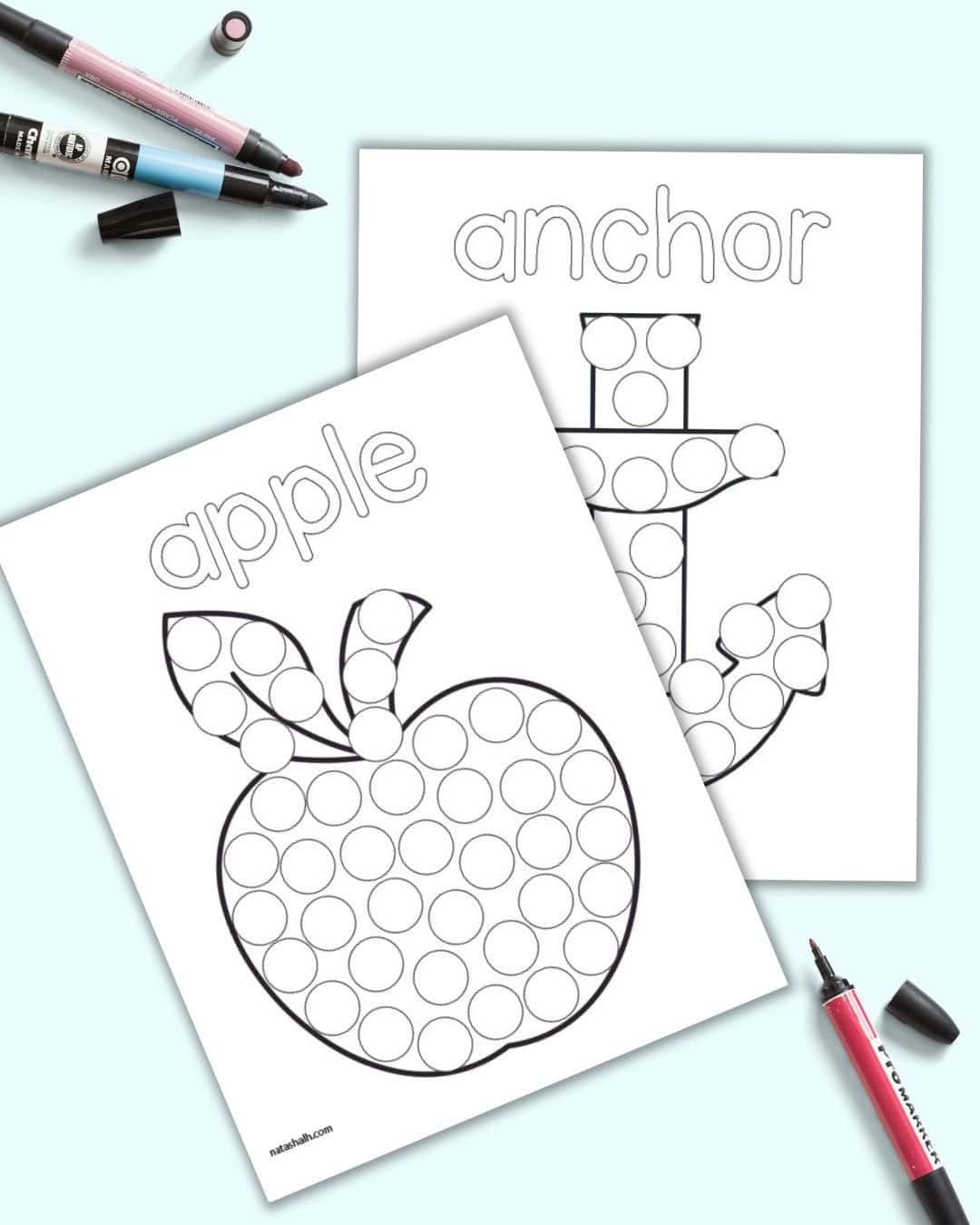 A preview of two letter a dot marker pages. One shows an apple and the other an anchor.