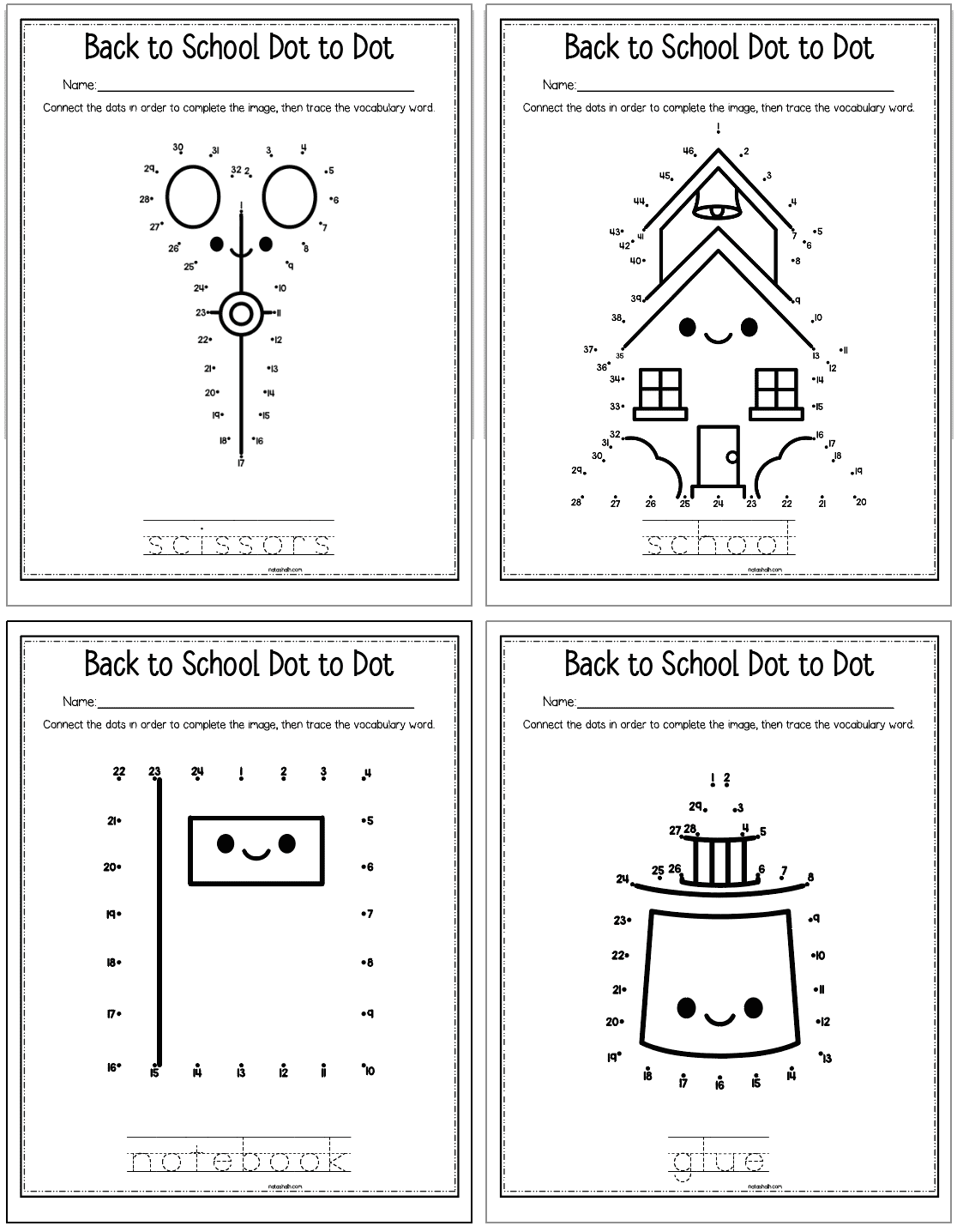 Four back to school themed connect the dots worksheets with handwriting practice. Images include: scissors, school, notebook, and glue