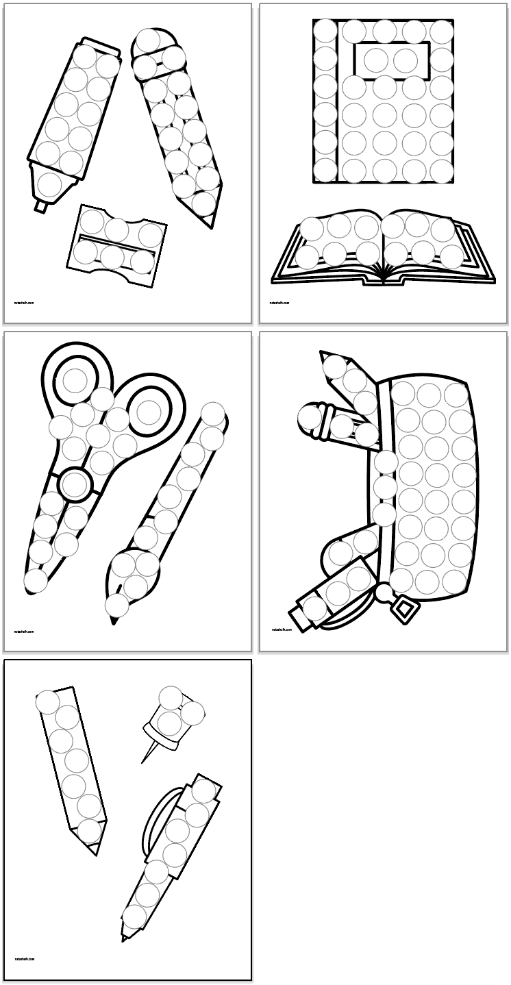 A preview of five back to school themed dot marker coloring pages including: school supplies, a book and notebook, scissors, a pencil case, and a pen and pencil