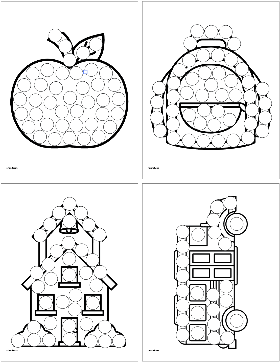 A preview of four back to school themed dot marker coloring pages including: a school, a bus, an apple, and a backpack