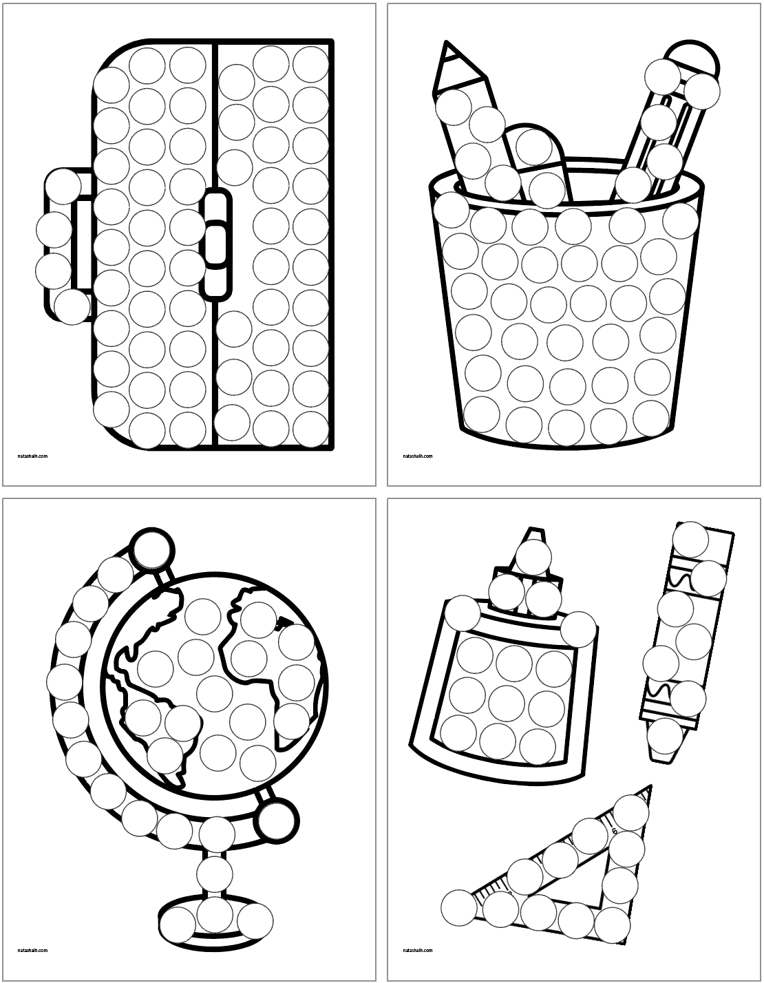 A preview of four back to school themed dot marker coloring pages including: a globe, glue and a crayon, a lunchbox, and a pencil cup