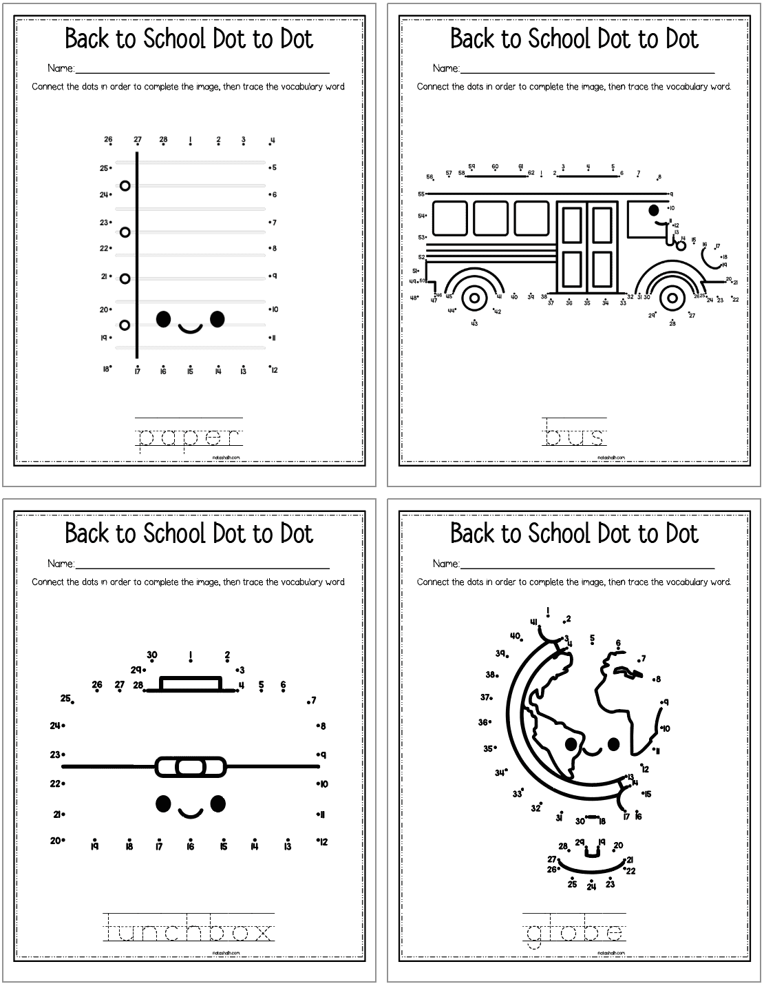 Four back to school themed connect the dots worksheets with handwriting practice. Images include: paper, bus, lunchbox, and globe