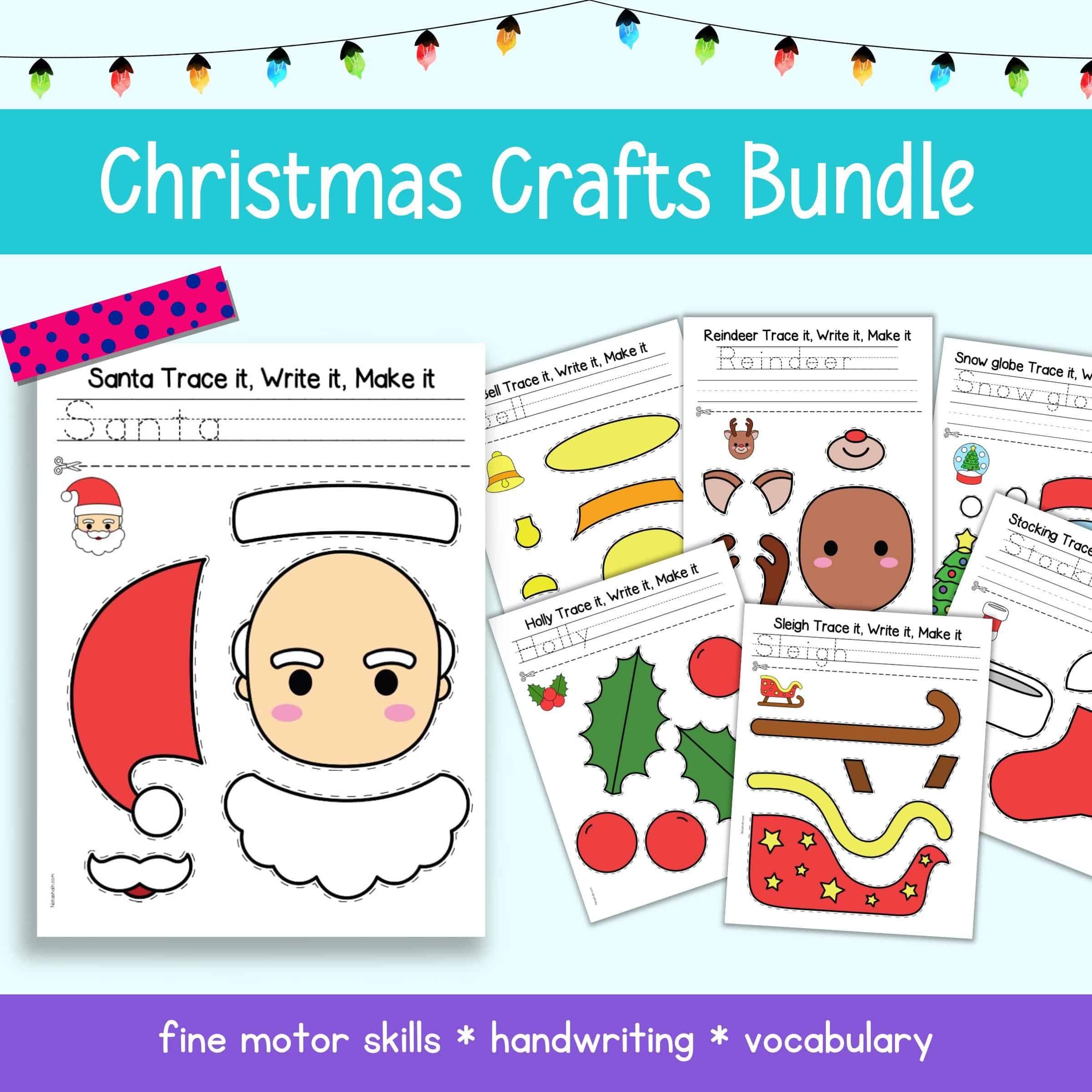 Text "Christmas CraftsBundle - fine motor skills, handwriting, vocabulary" with a preview of six cut and paste craft templates