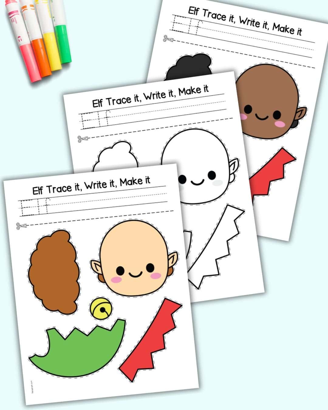 Three pages of printable cut and paste elf craft. It is available in two skin tones as well as black and white