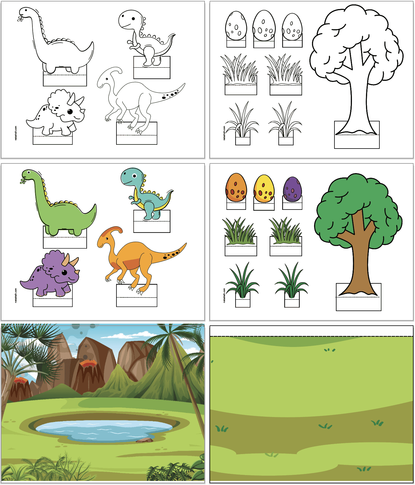 A preview of six pages for a printable dinosaur diorama