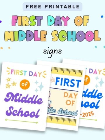 Text "free printable first day of middle school signs" with a preview of three printable signs