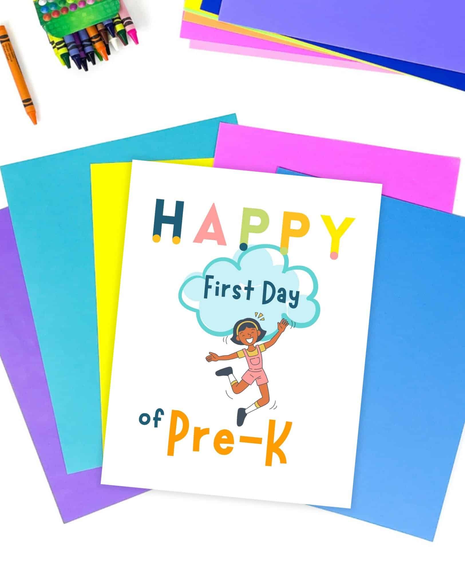 A preview of a sign reading "happy first day of pre-k!" with a girl jumping for joy