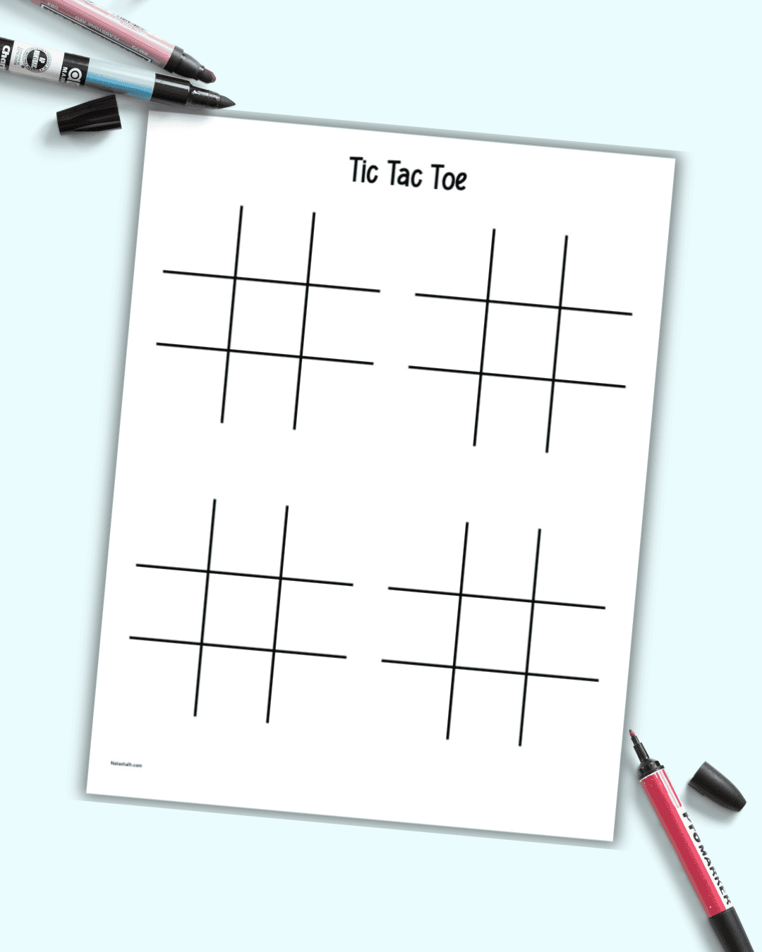 A page with four tic tac toe boards on a bleu field