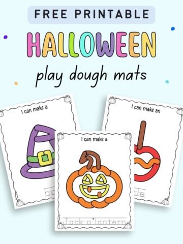Text "free printable Halloween play dough mats" and three play dough mats with images to make and vocabulary words to trace