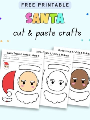 Text "Free printable Santa cut and pate crafts" with a preview of three Santa cut and paste craft templates.