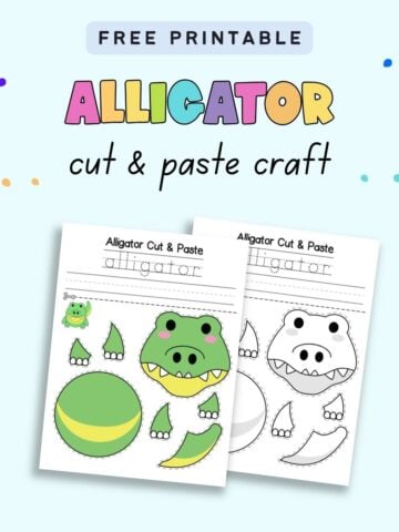 Text "free printable alligator cut and paste craft" with a preview of a color and a black and white alligator craft printable for the letter a