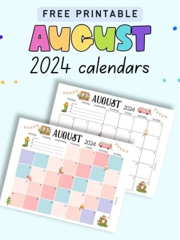 Text "free printable August 2024 calendars" with two camping themed 2024 calendar pages