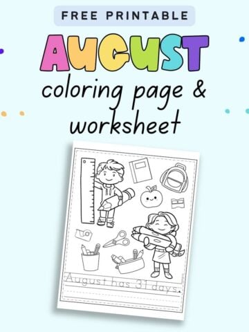 Text "free printable august coloring page and worksheet" with a preview of a worksheet with images to color and handwriting practice