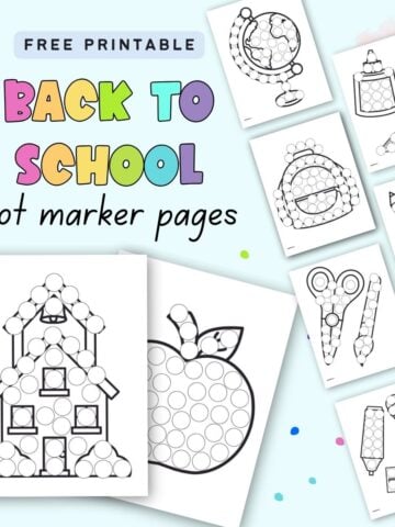 Text "free printable back to school dot marker pages" with a preview of nine school themed dot marker pages