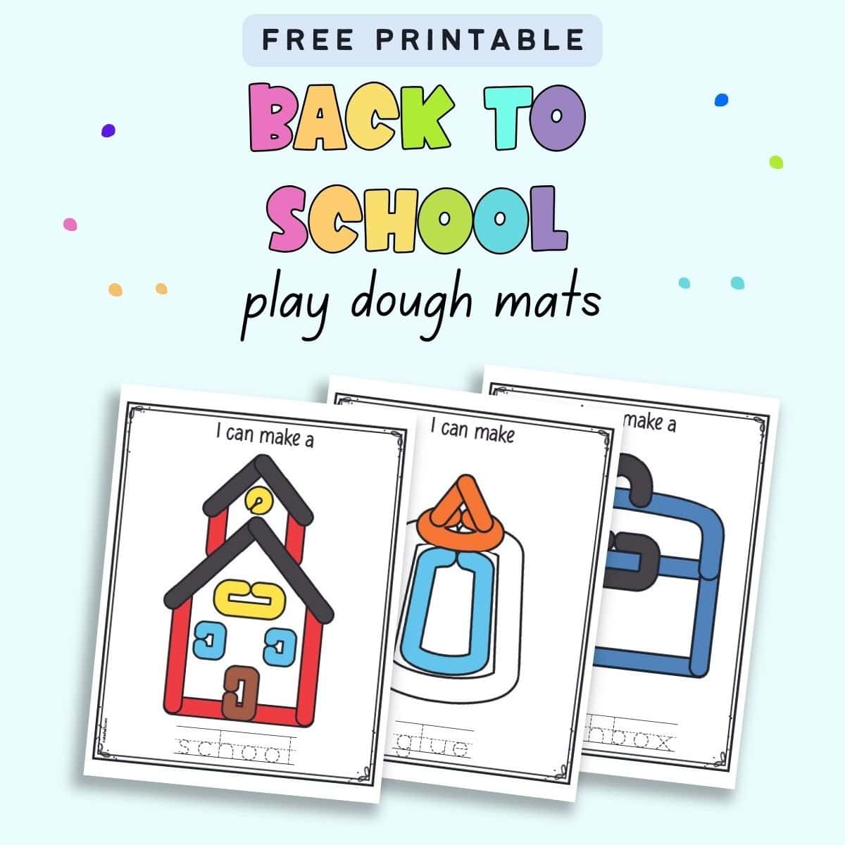 Text "free printable back to school play dough mats" with a preview of three play dough mats