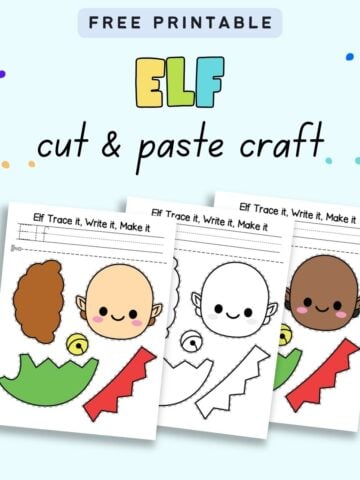 Text "free printable elf cut and paste craft" with a preview of three printable pages of Christmas elf craft
