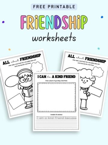 Text "free printable friendship worksheets" with a preview of three worksheets for kids