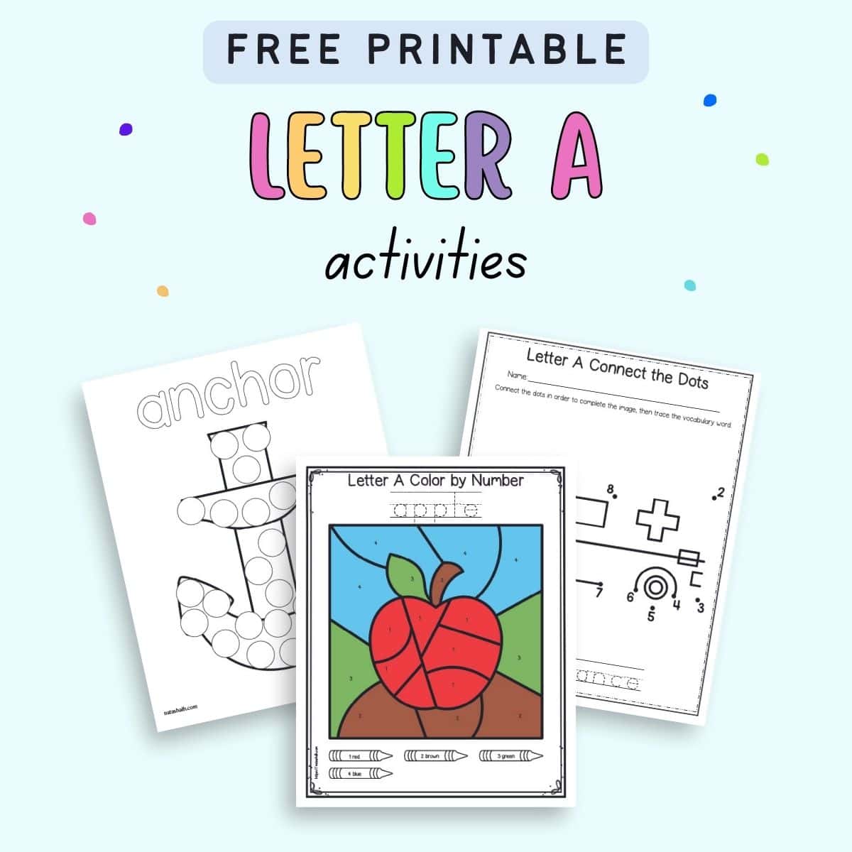 Text "free printable letter a activities" with a preview of three letter a themed printables