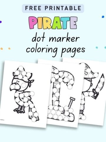 Text "free printable pirate dot marker coloring pages" with a preview of three cute pirate kids themed dot painting pages