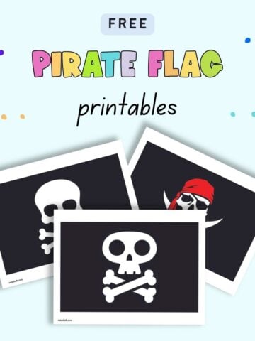 Text "free pirate flag printables" with a preview of three printable pirate flags