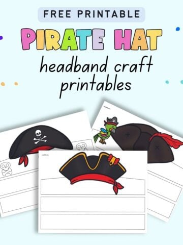 Text "free printable pirate hat headband craft printables" with a preview of three pirate hat headbands