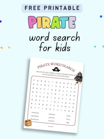 Text "free printable pirate word search for kids" with a preview of a pirate themed word search.