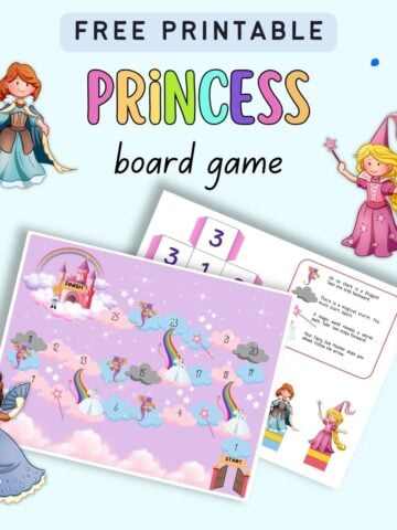 Text "free printable princess board game" with a board game printable, game pieces printable, and three princesses.