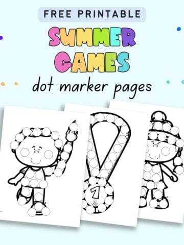 Text "free printable summer games dot marker pages" with a preview of three dauber marker coloring pages